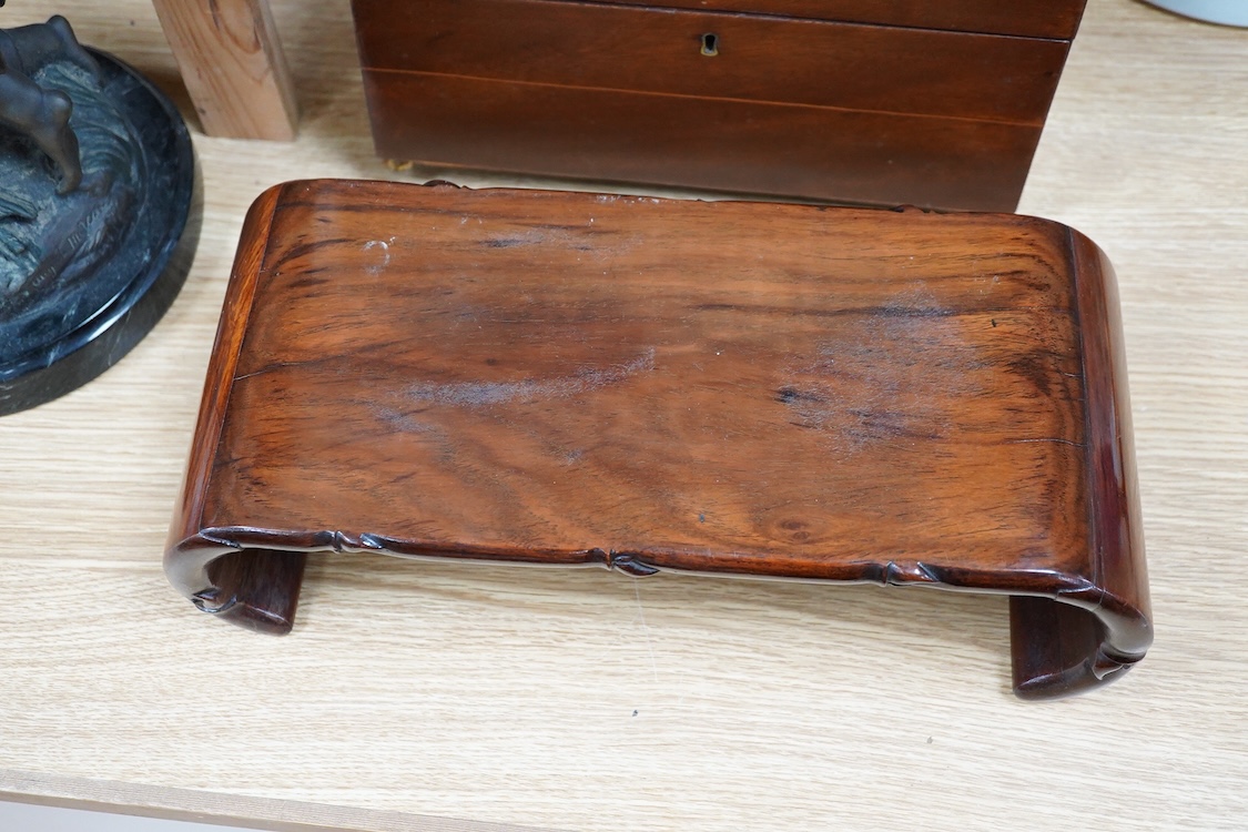 A Chinese padouk wood stand and a Victorian mahogany tea caddy, largest 36cm wide
